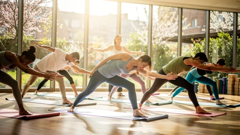 Groupe dynamique en cours collectif de yoga, énergie positive renforçant la motivation et la persévérance