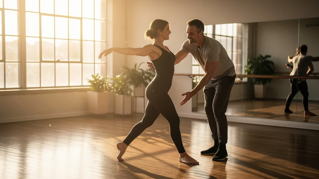 Femme heureuse prenant un cours particulier de danse dans un studio lumineux, transformation personnelle visible
