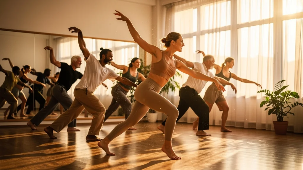 Groupe dans cours collectifs de danse partageant énergie, joie et connexion dans studio lumineux moderne