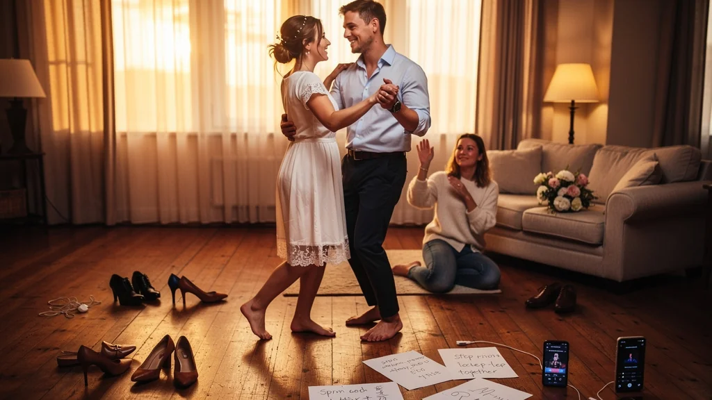 Couple préparant leur danse de mariage avec l’aide d’un ami lors d’une séance d’entraînement conviviale