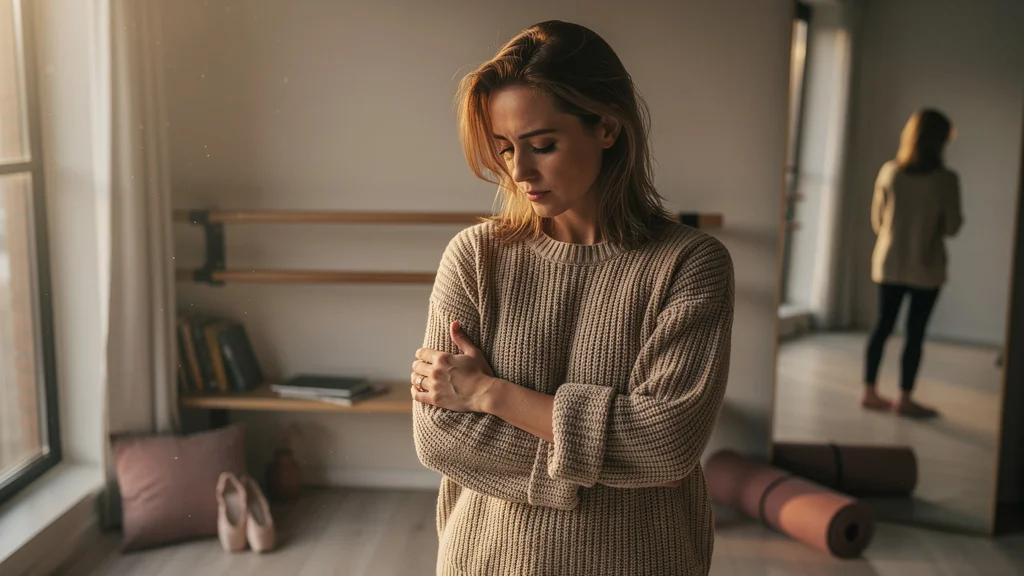 Femme de 34 ans en réflexion, illustrant la perte d'un an de progrès due à la comparaison corporelle