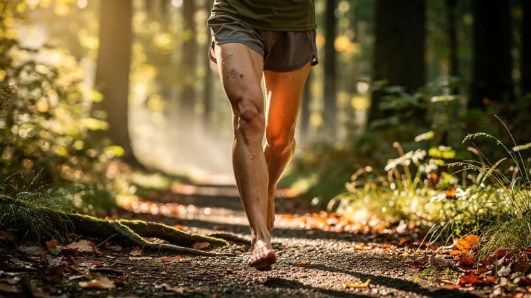 Femme courant lentement en forêt après des années de danse, jambes expressives et lumière dorée