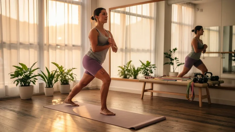 Femme en tenue de sport effectuant renforcement doux et mouvement de danse pour stabiliser son genou