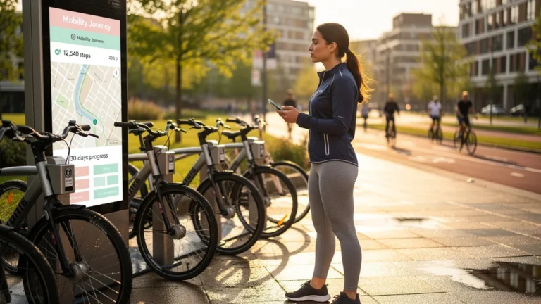Femme active près d’une station de vélos en ville au lever du jour, explorant une appli de mobilité