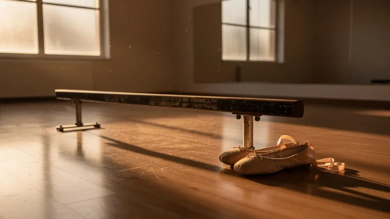 Barre au sol dans un studio de danse éclairé par une lumière douce au crépuscule, ambiance calme et introspective
