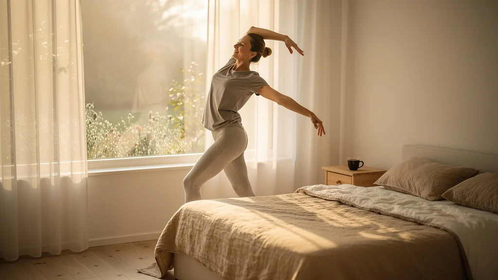 Femme effectuant des exercices de mobilité au matin, remplaçant son café par dix minutes de mouvement