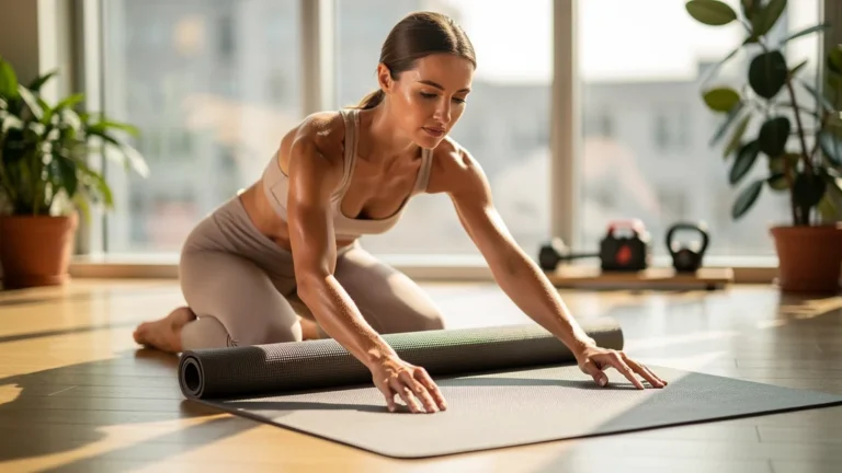 Femme de 34 ans testant un tapis fin de voyage pour séances de renfort sportif féminin