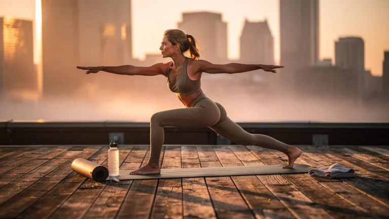 Femme en yoga dynamique au lever du jour sur un toit urbain, douceur et reprise en mouvement