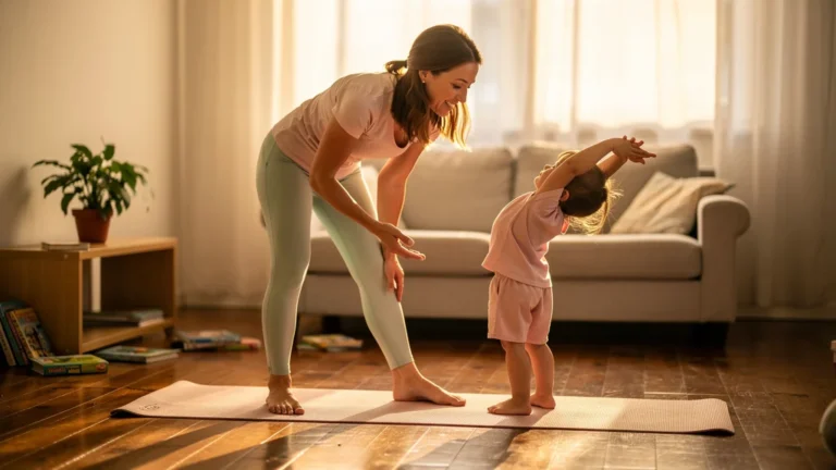 Mère et fille de six ans pratiquant ensemble des étirements dans un salon lumineux et chaleureux