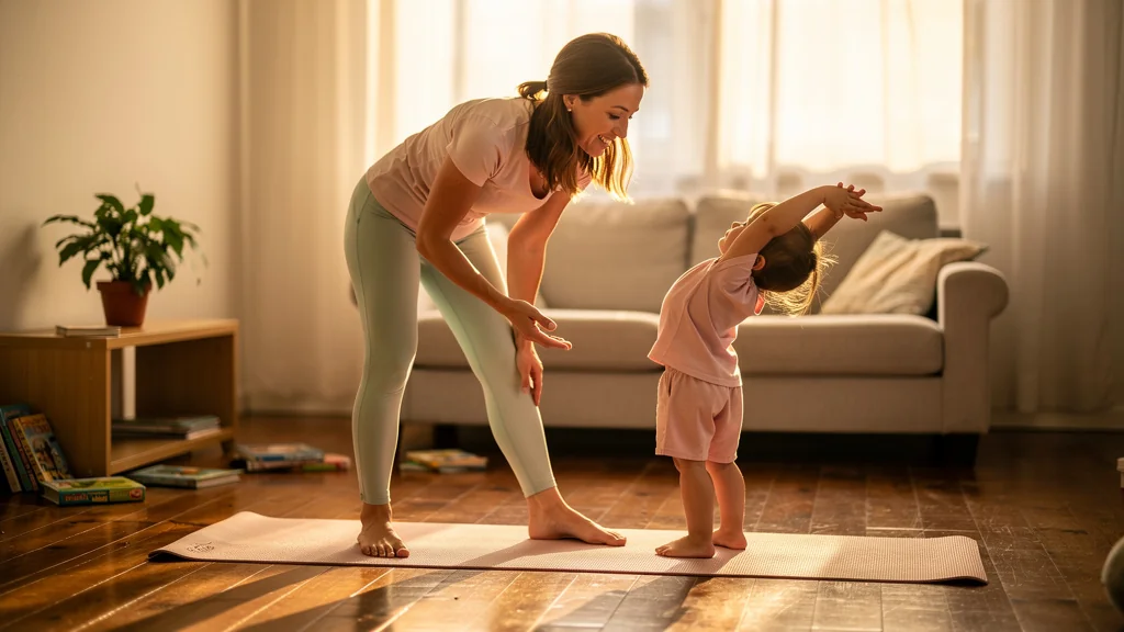 Mère et fille de six ans pratiquant ensemble des étirements dans un salon lumineux et chaleureux