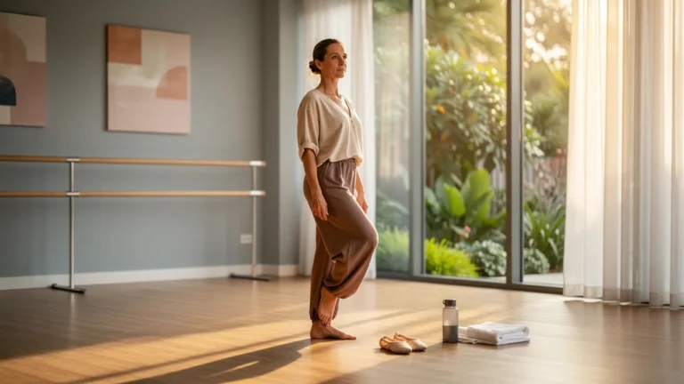 Femme dans un studio de danse reprenant doucement après une blessure au genou, symbolisant la reprise sans effort