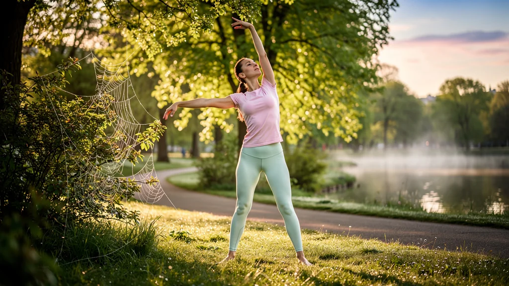 Femme s’étirant dans un parc au lever du jour, avant ou après l’effort sportif