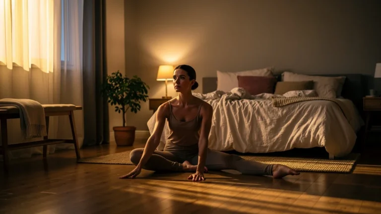 Femme pratiquant la barre au sol le soir, améliorant son sommeil après trente jours