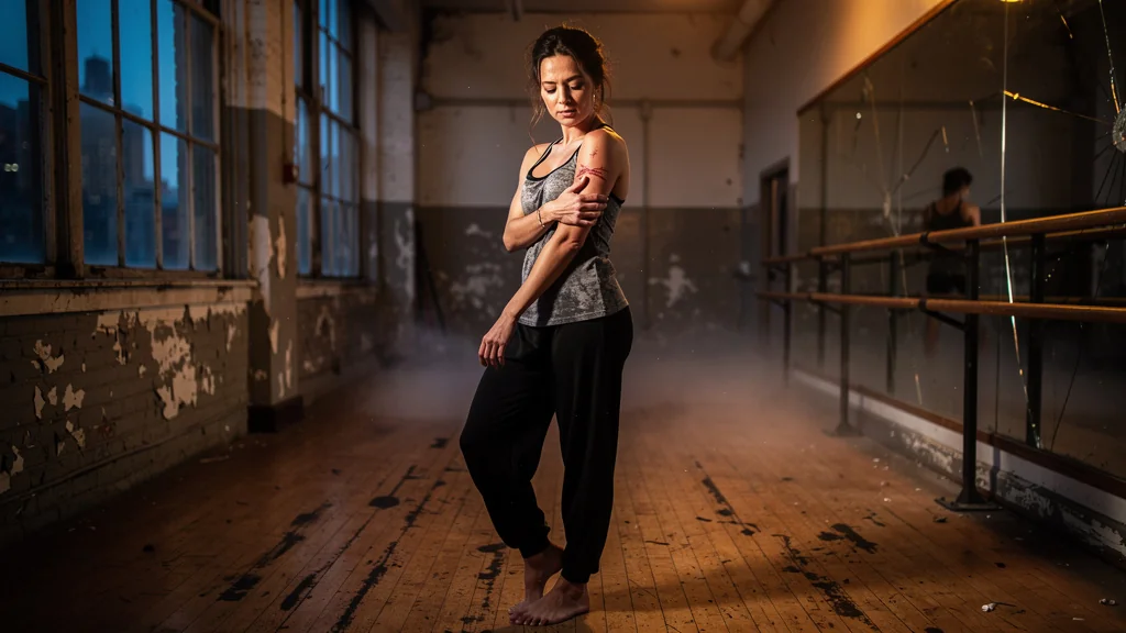 Femme de 34 ans en douleur dans un studio de danse, incarnant une blessure ravivée après un retour intense