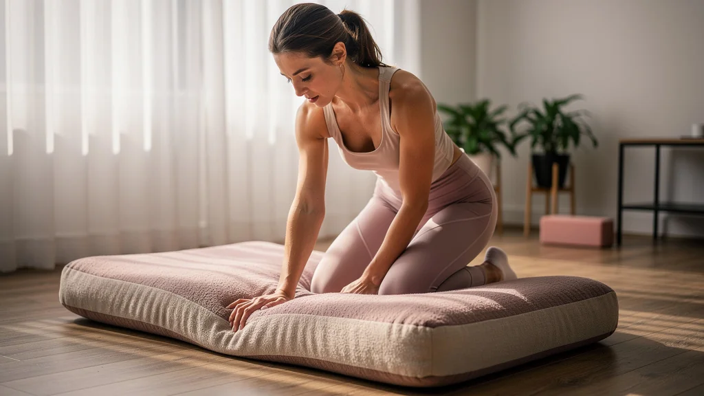 Femme de 34 ans sur un tapis épais protégeant ses genoux fragiles lors d’une séance de sport à domicile