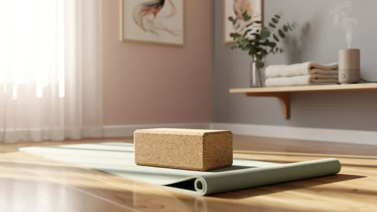 Brique de yoga en liège dans un coin zen chez soi, ambiance calme et lumineuse, pratique féminine
