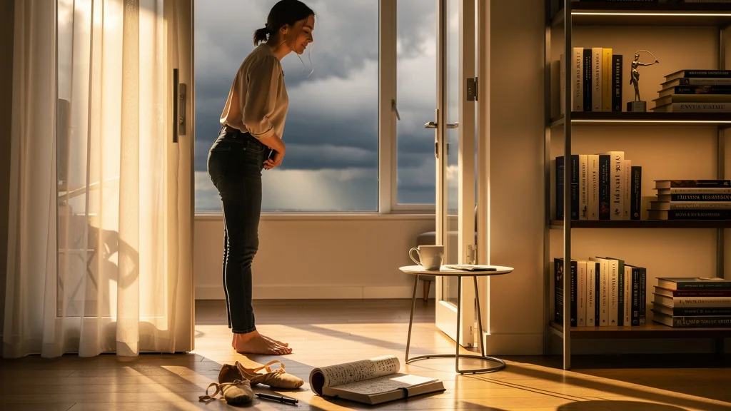 Portrait hyper-réaliste d’une femme réfléchissant après un échec lors de la reprise intense